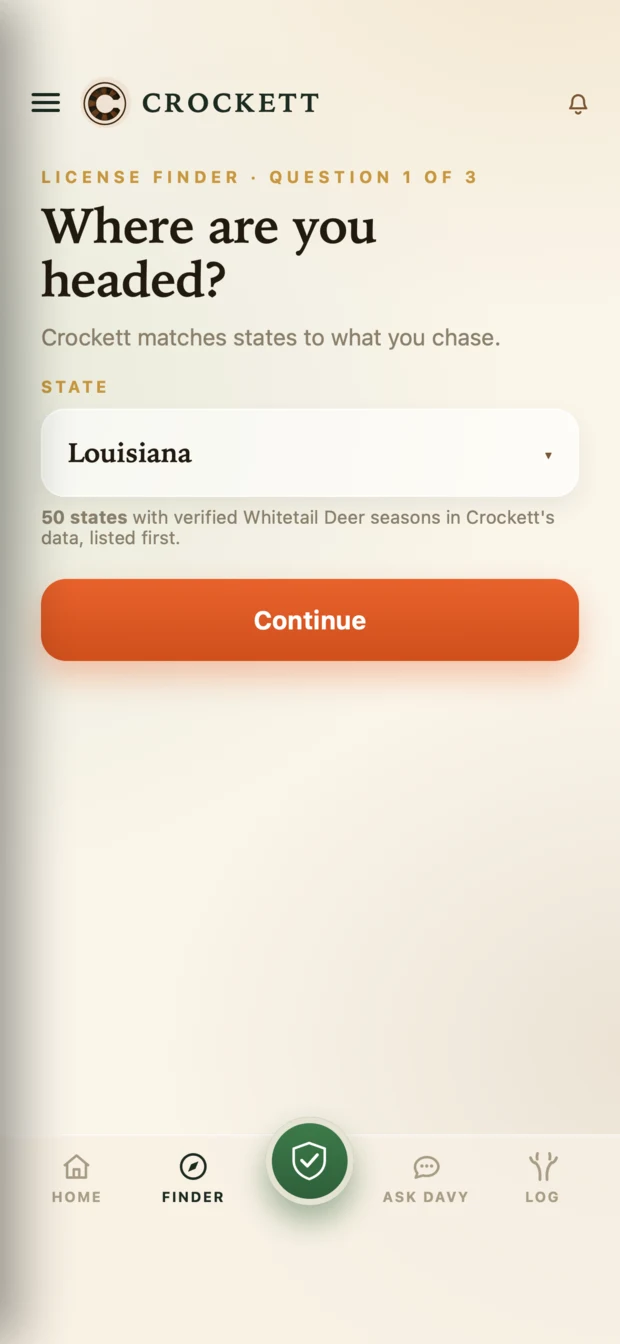 The Crockett License Finder asking which state you are headed to
