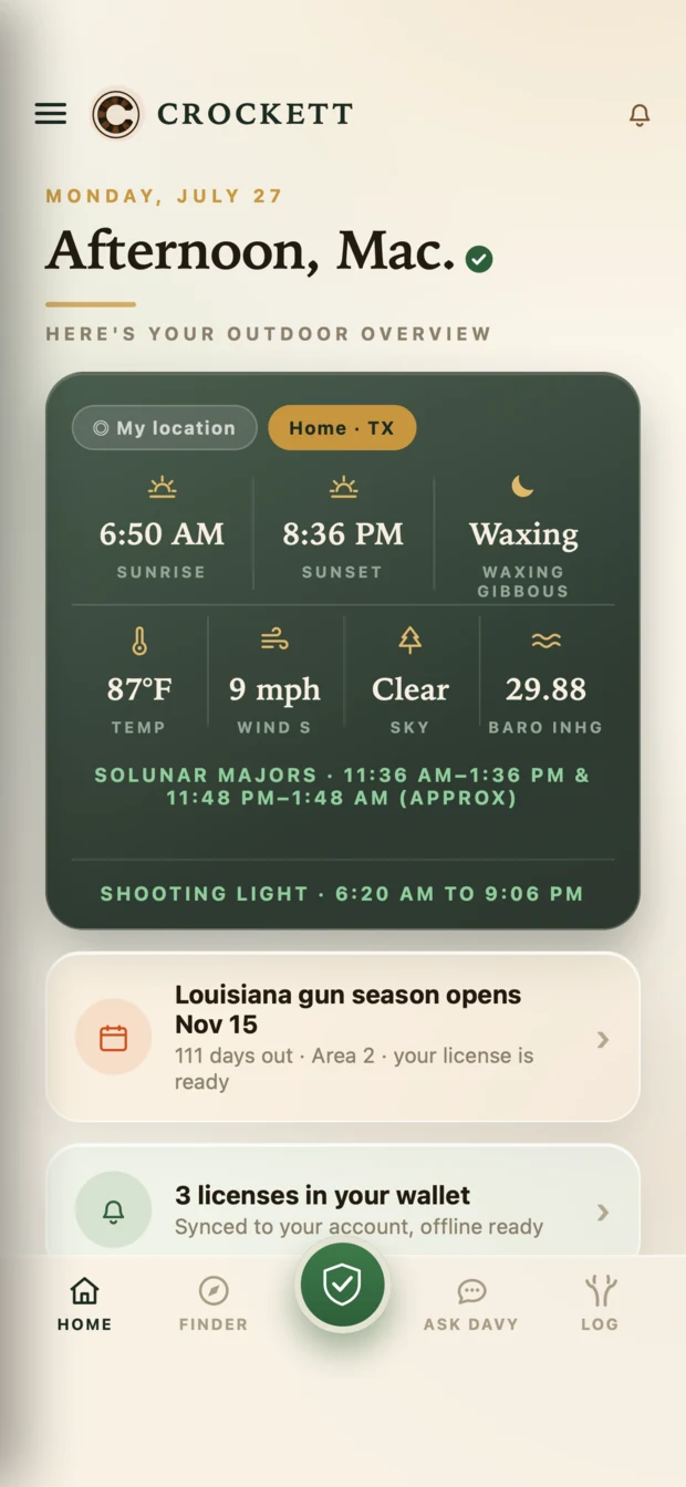 The Crockett home screen showing sunrise, sunset, shooting light, wind, pressure and moon phase