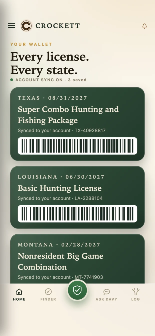 The Crockett wallet showing Texas, Louisiana and Montana licenses with scannable barcodes
