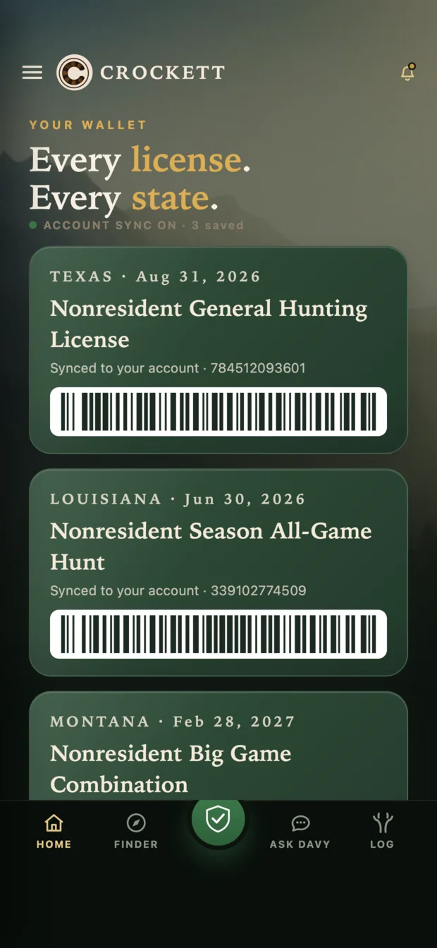 The Crockett wallet showing Texas, Louisiana and Montana licenses with scannable barcodes