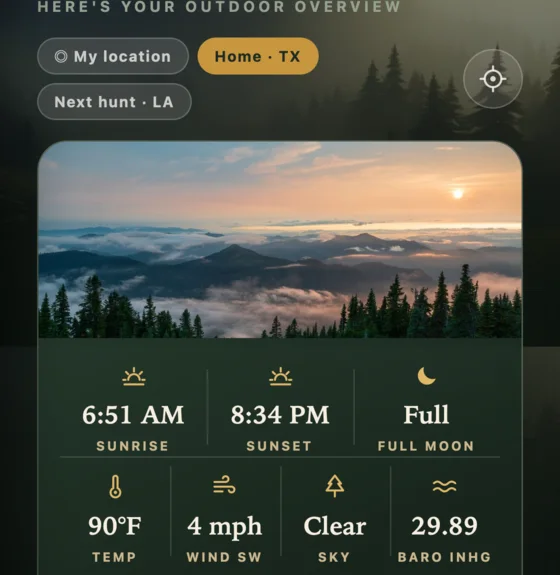 The home screen showing sunrise, sunset, shooting light, wind and pressure