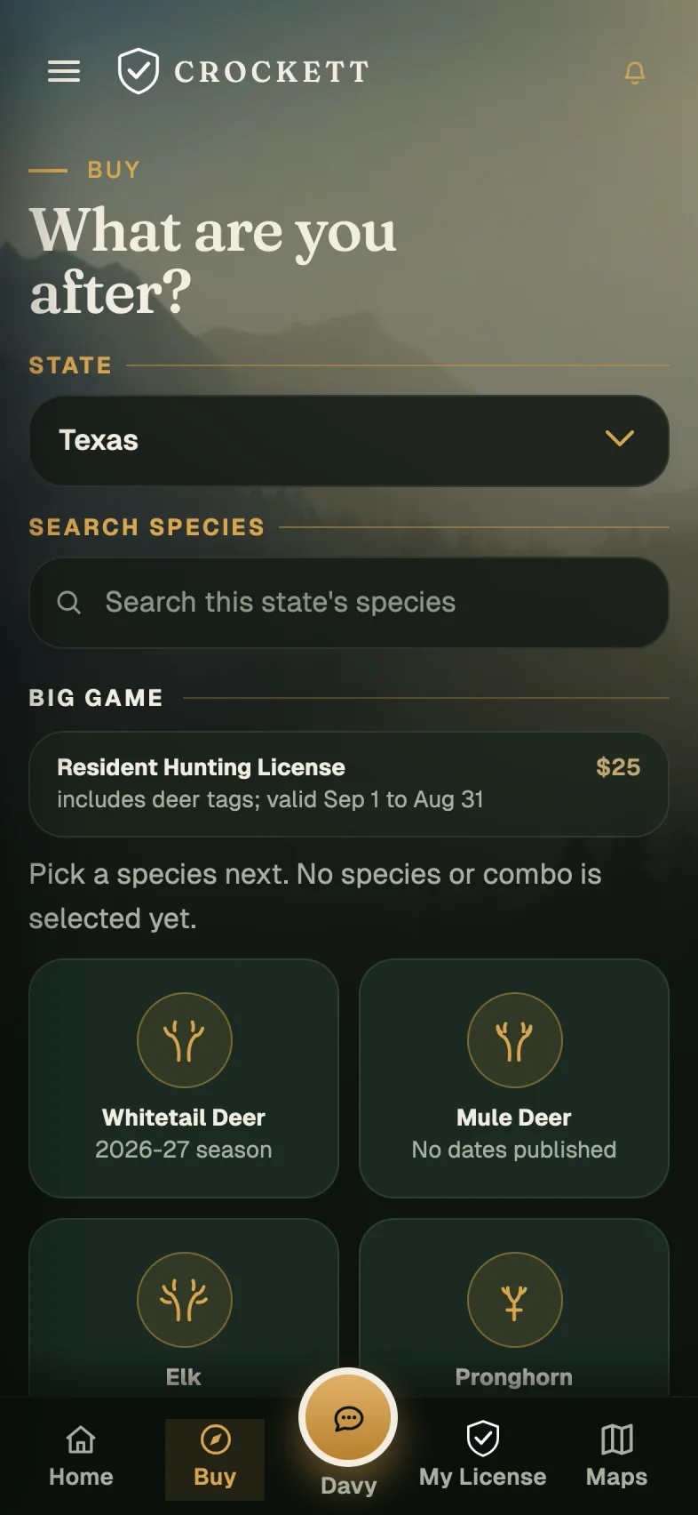 Crockett License Finder with state and species options
