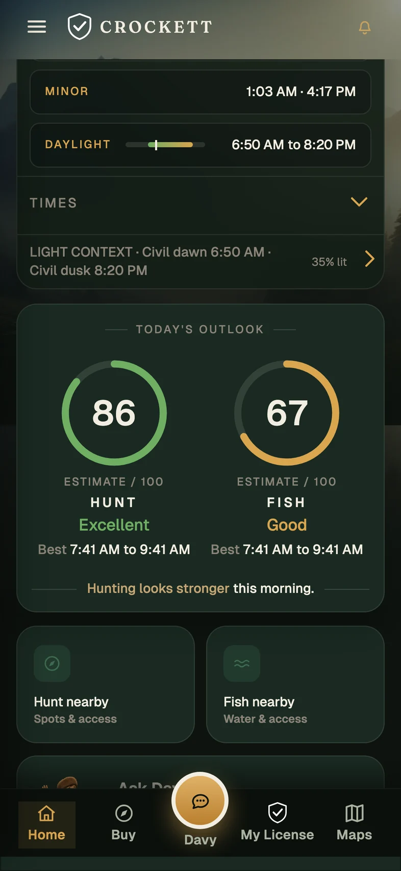 Crockett daylight information and hunting and fishing conditions outlook